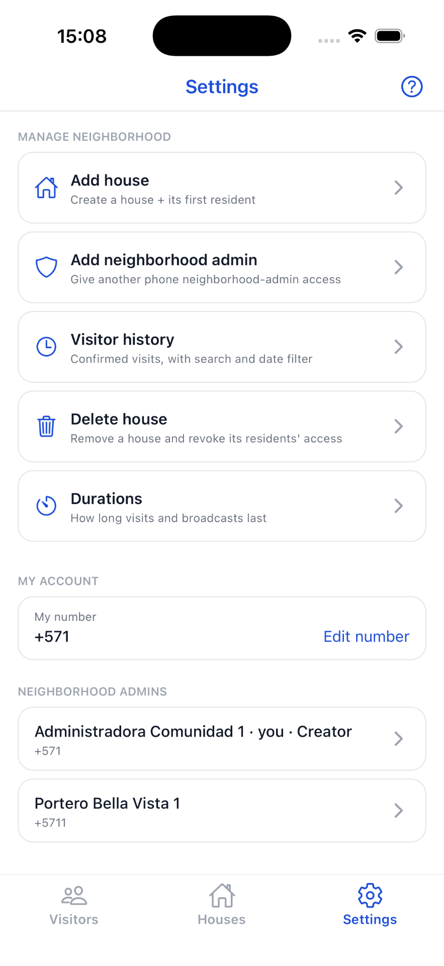 Settings — manage neighborhood