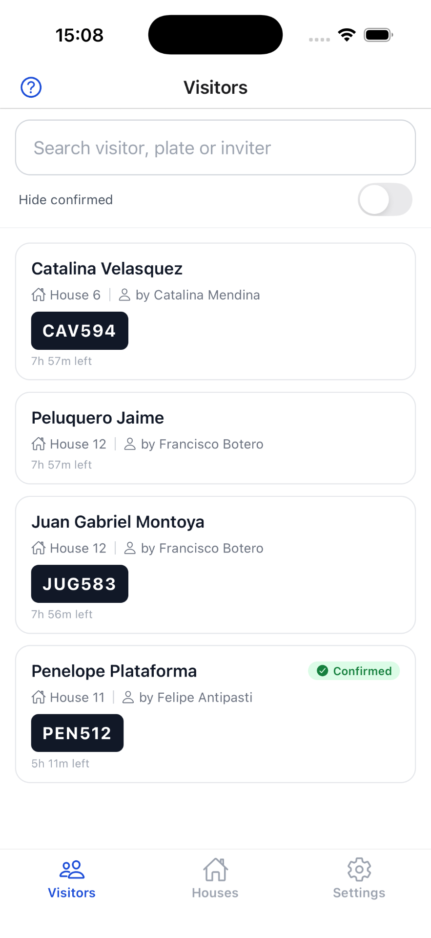 Visitors list with license plates